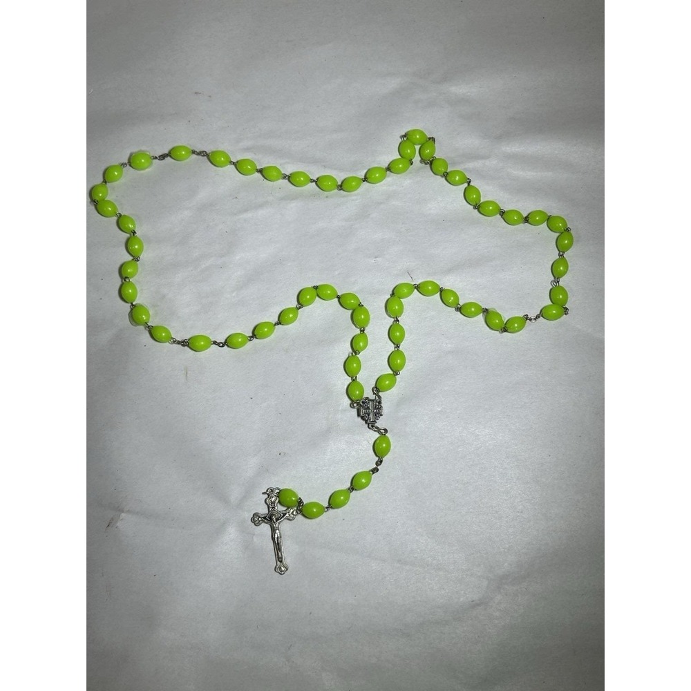 Vintage Rosary Large Glow In The Dark Jerusalem Cross Green Beads Catholic